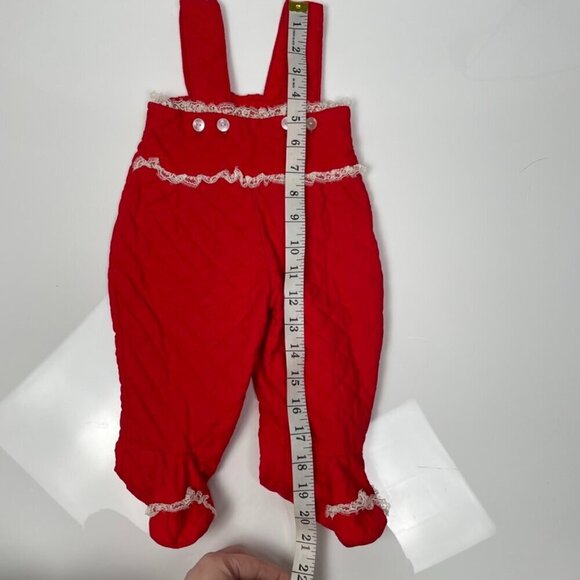 Vintage Red Christmas Quilted Infant footie Overalls with White Lace trim - Picture 9 of 10